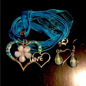 New 3 Piece Turquoise Heart Cord and Chiffon Necklace With Matching Earrings